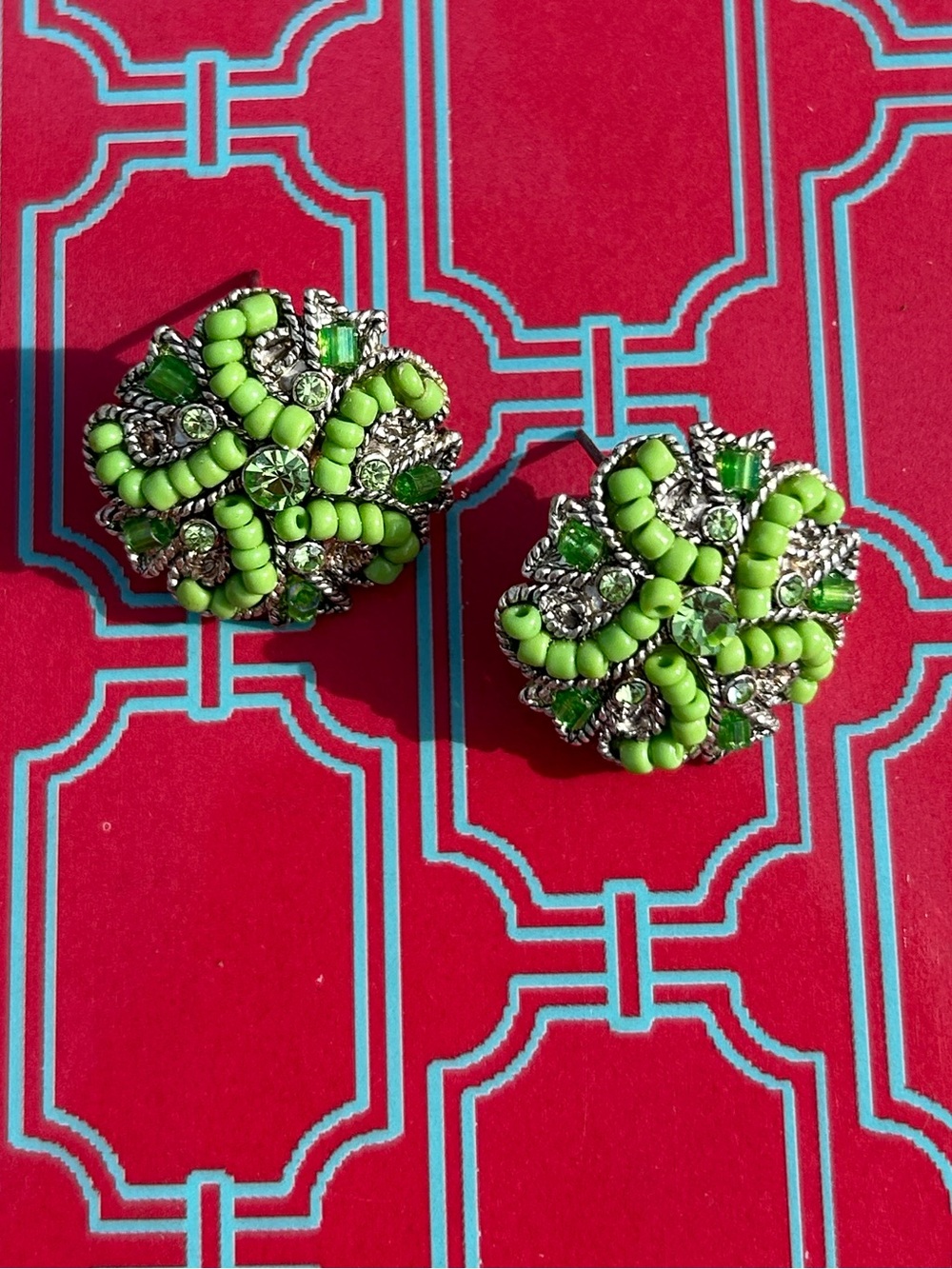 Vintage Mid-Century Green Bead & Rhinestone Cluster Earrings